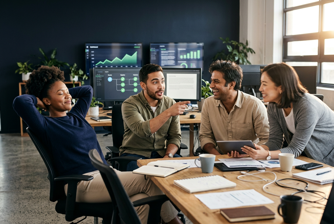 Equipo de cuatro personas data colaborando con la suite Datagentis