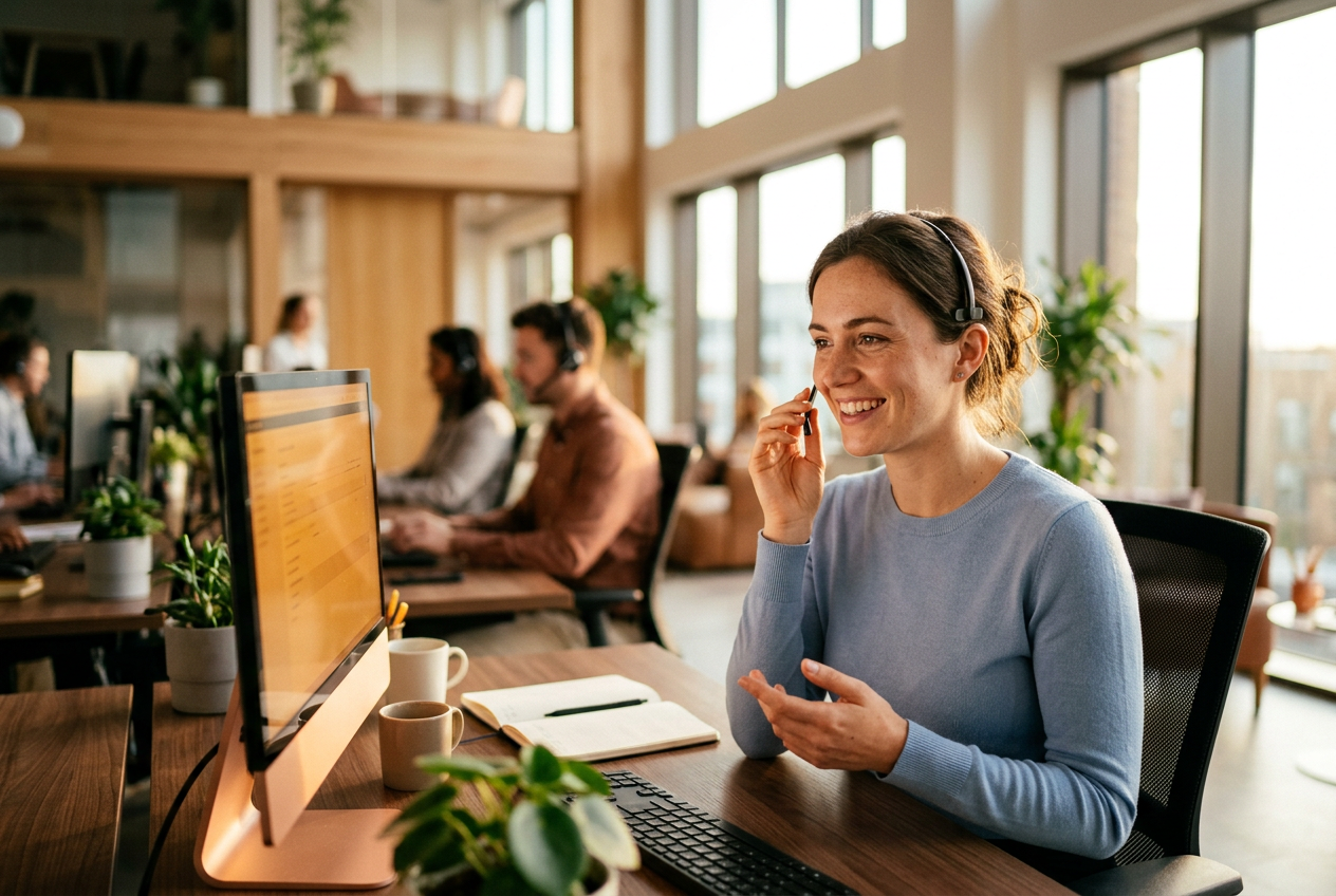 Agente de atención al cliente en oficina moderna trabajando con el Coworker Digital