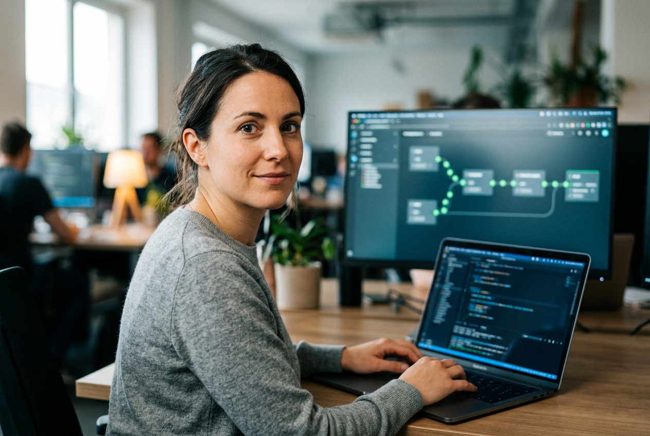 Software engineer trabajando código moderno con una skill dual-mode de Datagentis