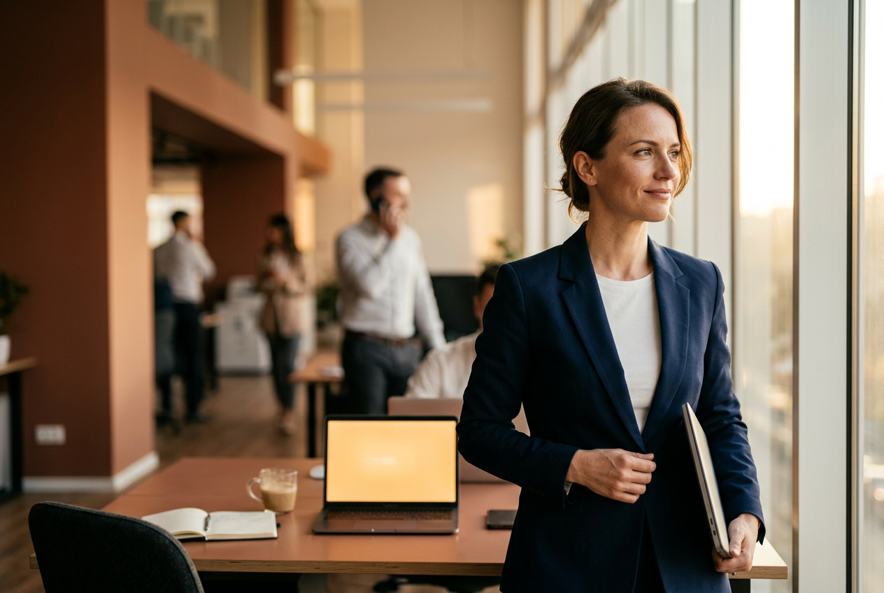 Directora comercial en oficina moderna trabajando con el Coworker Digital de Ventas